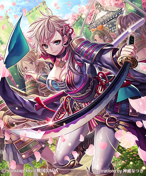 4girls armor artist_name bangs blonde_hair blue_eyes breasts cherry_blossoms copyright_name hair_ornament holding holding_sword holding_weapon japanese_armor japanese_clothes katana kimono large_breasts leaning_forward leg_up long_hair multiple_girls n_kamui obi official_art original ponytail samurai sash sengoku_saga shoulder_armor smile sode solo_focus sword weapon white_legwear