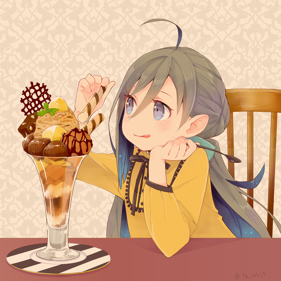 1girl ahoge alternate_costume blue_hair chair chestnut colis commentary_request dessert dress food glass grey_eyes grey_hair hair_between_eyes holding holding_spoon ice_cream kantai_collection kiyoshimo_(kantai_collection) long_hair low_twintails mont_blanc_(food) multicolored_hair parfait solo spoon tongue tongue_out twintails twitter_username upper_body very_long_hair wafer_stick yellow_dress