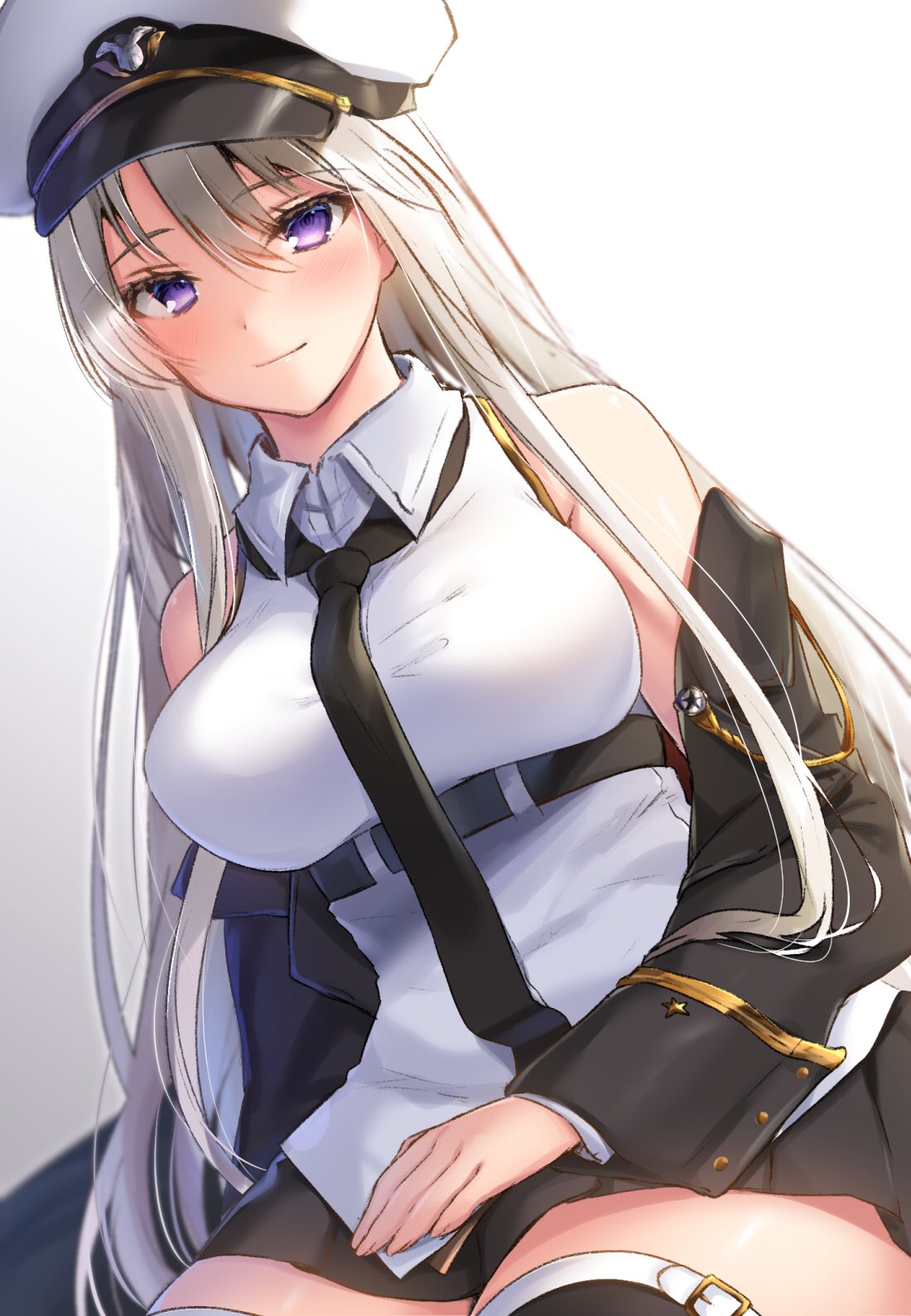 1girl azur_lane black_belt black_coat black_neckwear breasts closed_mouth coat collared_shirt commentary_request dutch_angle enterprise_(azur_lane) eyebrows_visible_through_hair hat highres jiiwara large_breasts long_hair looking_at_viewer military miniskirt necktie open_clothes open_coat peaked_cap shirt silver_hair sitting skirt sleeveless sleeveless_shirt smile solo thigh-highs underbust violet_eyes white_hat