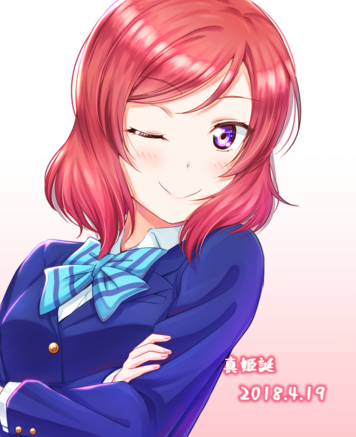 1girl ;) anibache blazer blue_jacket blue_neckwear bow bowtie character_name crossed_arms dated happy_birthday jacket looking_at_viewer love_live! love_live!_school_idol_project nishikino_maki one_eye_closed otonokizaka_school_uniform redhead school_uniform short_hair smile solo striped_neckwear upper_body violet_eyes