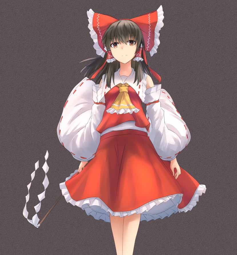 1girl ascot bangs blunt_bangs bow brown_eyes brown_hair detached_sleeves fen_zuo frilled_bow frilled_skirt frills grey_background hair_bow hair_tubes hakurei_reimu long_hair looking_at_viewer red_bow red_shirt red_skirt ribbon-trimmed_sleeves ribbon_trim shirt sidelocks skirt sleeveless sleeveless_shirt solo standing touhou white_sleeves yellow_neckwear