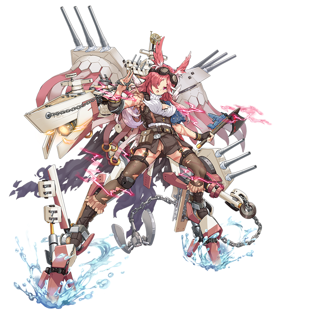 aircraft aircraft_catapult airplane anchor banner boots cannon cape chains elbow_sleeve goggles goggles_on_head head_wings holding holding_chain holding_weapon knee_pads mecha_musume north_carolina_(zhan_jian_shao_nyu) official_art pantyhose radar_dish range_finder red_eyes redhead tagme tomahawk torn_cape torn_clothes torn_pantyhose turret weapon white_hair zhan_jian_shao_nyu