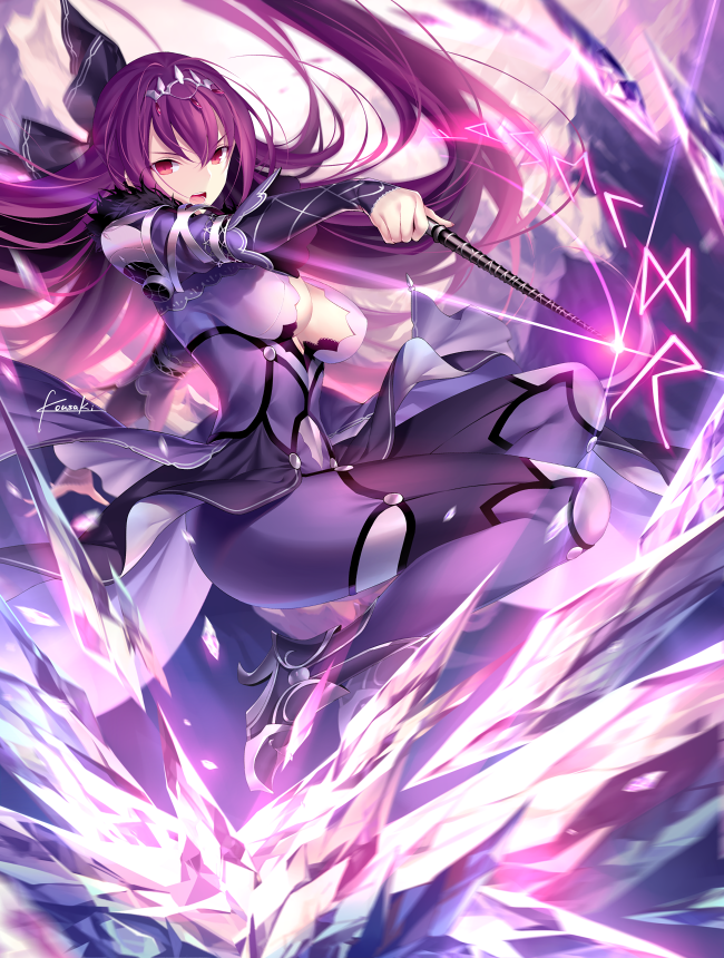 1girl bangs bodysuit breasts cleavage covered_navel dress fate/grand_order fate_(series) fur_trim hair_between_eyes hips kousaki_rui large_breasts legs long_hair looking_at_viewer open_mouth pauldrons purple_bodysuit purple_dress purple_hair red_eyes runes scathach_(fate)_(all) scathach_skadi_(fate/grand_order) solo thighs tiara wand