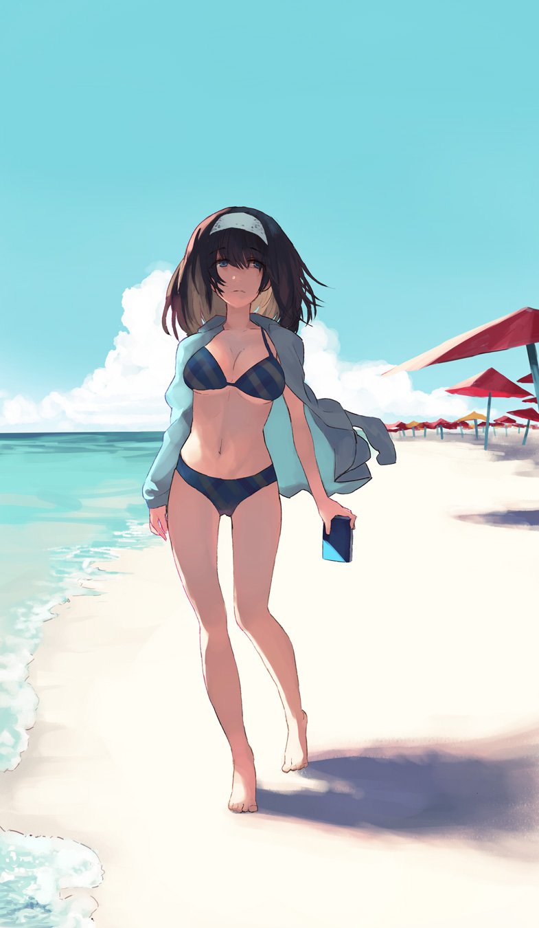 1girl bangs bare_legs barefoot beach beach_umbrella bikini black_hair blue_bikini blue_eyes blue_sky breasts commentary day eyebrows_visible_through_hair full_body hairband highres holding_object hood hoodie idolmaster idolmaster_cinderella_girls large_breasts long_hair long_sleeves looking_to_the_side navel ocean plaid plaid_bikini sagisawa_fumika sawarakajin sky solo swimsuit umbrella walking