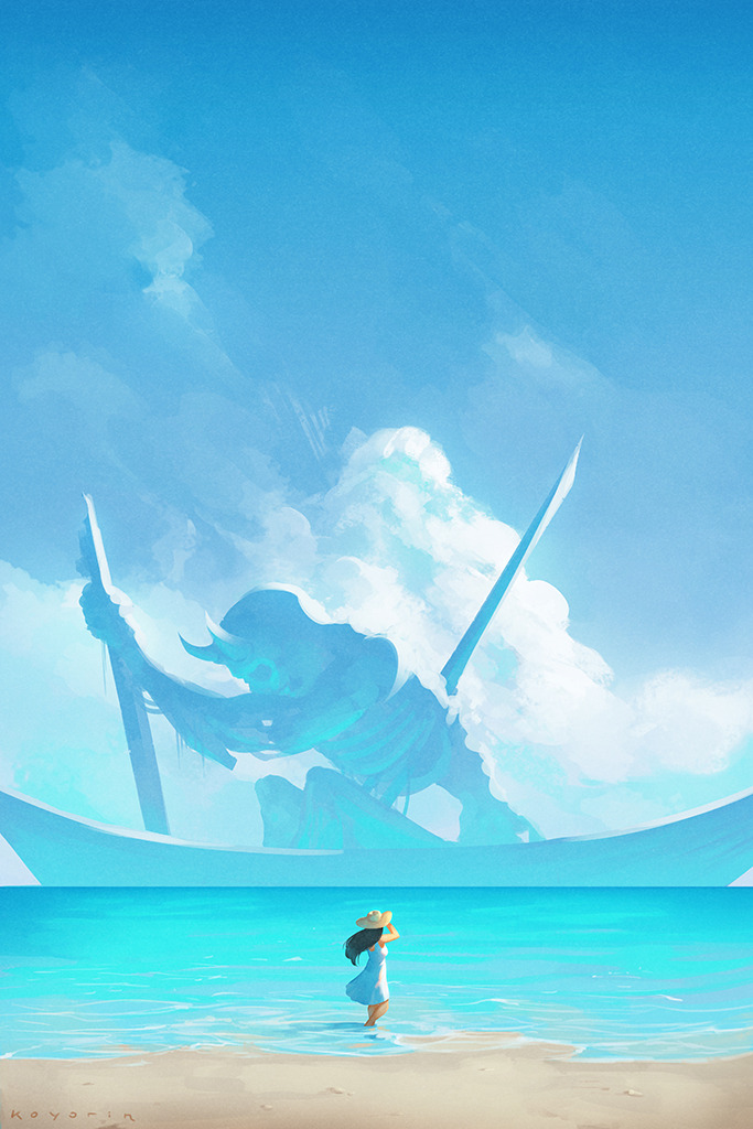 1girl beach black_hair blue_sky boat clouds cloudy_sky commentary concept_art corpse day dress english_commentary giant hat horns koyorin long_hair ocean oni oni_horns original size_difference skeleton sky sun_hat sundress wading watercraft white_dress