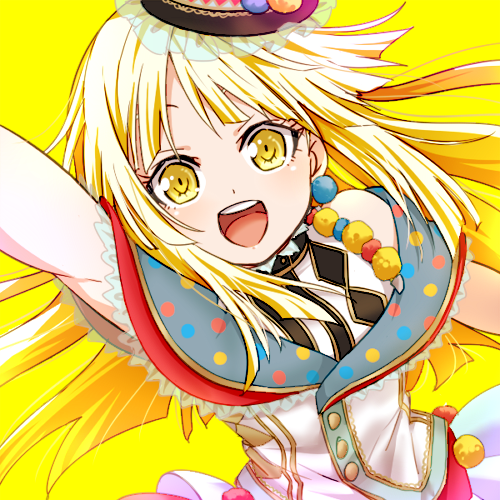 1girl :d akasata arm_up bang_dream! blonde_hair dress frilled_hat frills hat long_hair looking_at_viewer lowres open_mouth polka_dot pom_pom_(clothes) pom_pom_earrings round_teeth simple_background smile solo teeth tsurumaki_kokoro upper_body upper_teeth v-shaped_eyebrows yellow_background yellow_eyes