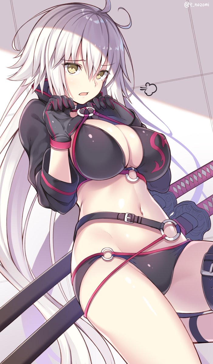 1girl against_wall ahoge belt breasts cleavage cropped_jacket fate/apocrypha fate/grand_order fate_(series) gloves highres jeanne_d'arc_(alter)_(fate) jeanne_d'arc_(alter_swimsuit_berserker) jeanne_d'arc_(fate)_(all) katana large_breasts long_hair nozomi_tsubame o-ring o-ring_bikini o-ring_bottom o-ring_top open_mouth ruler_(fate/apocrypha) solo sword thigh_strap weapon white_hair yellow_eyes