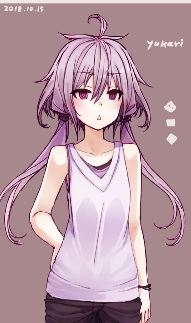 1girl 2018 ahoge bangs bare_shoulders bracelet brown_background collarbone cowboy_shot dated eyebrows_visible_through_hair hachikuji hair_between_eyes hand_on_hip jewelry long_hair low_twintails open_mouth purple_hair shirt solo tank_top triangle_mouth twintails violet_eyes vocaloid voiceroid white_shirt yuzuki_yukari