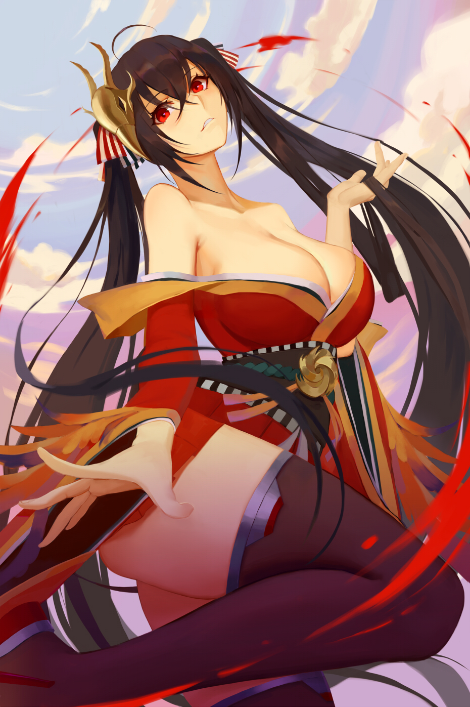 1girl ahoge azur_lane bangs bare_shoulders black_hair breasts cleavage clouds cloudy_sky collarbone crossed_bangs curvy dress eyebrows_visible_through_hair hair_between_eyes highres japanese_clothes kamikakushi_no_ocarino kimono large_breasts long_hair looking_at_viewer obi parted_lips red_dress red_eyes red_kimono sash sky solo taihou_(azur_lane) thighs very_long_hair