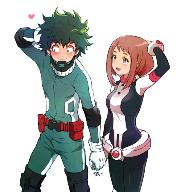 :d belt blush bodysuit boku_no_hero_academia boots breasts brown_eyes brown_hair commentary_request dohae_(goodtiminganima) freckles gloves green_hair hand_behind_head heart hodling_hands korean_commentary medium_breasts messy_hair midoriya_izuku open_mouth short_hair sidelocks smile uraraka_ochako white_background white_gloves