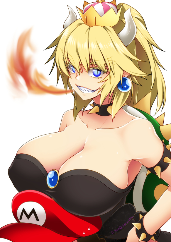 1girl bangs bare_shoulders behind_another black_dress blonde_hair blue_earrings blue_eyes bowsette bracelet breast_rest breasts breasts_on_head breathing_fire brooch cabbie_hat cleavage collar collarbone colored_eyelashes dress eyebrows_visible_through_hair eyes_visible_through_hair fire grin hair_between_eyes hand_on_hip hat height_difference high_ponytail horns huge_breasts jewelry long_ponytail mario super_mario_bros. miyashiro_sousuke new_super_mario_bros._u_deluxe nintendo red_hat sharp_teeth shiny shiny_hair shiny_skin sidelocks simple_background slit_pupils smile solo spiked_bracelet spiked_collar spiked_shell spikes strapless strapless_dress super_crown teeth thick_eyebrows white_background