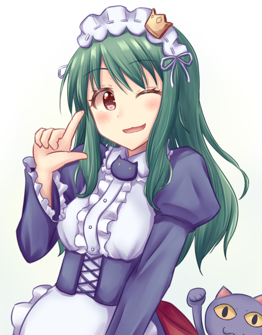 1girl ;d blush brown_eyes cat crown eyebrows_visible_through_hair frills green_hair hairband hand_up index_finger_raised kuroi_ginko long_hair long_sleeves maid maid_headdress minakami_mimimi mini_crown one_eye_closed open_mouth planet_with puffy_long_sleeves puffy_sleeves sensei_(planet_with) sidelocks simple_background smile solo upper_body yellow_sclera