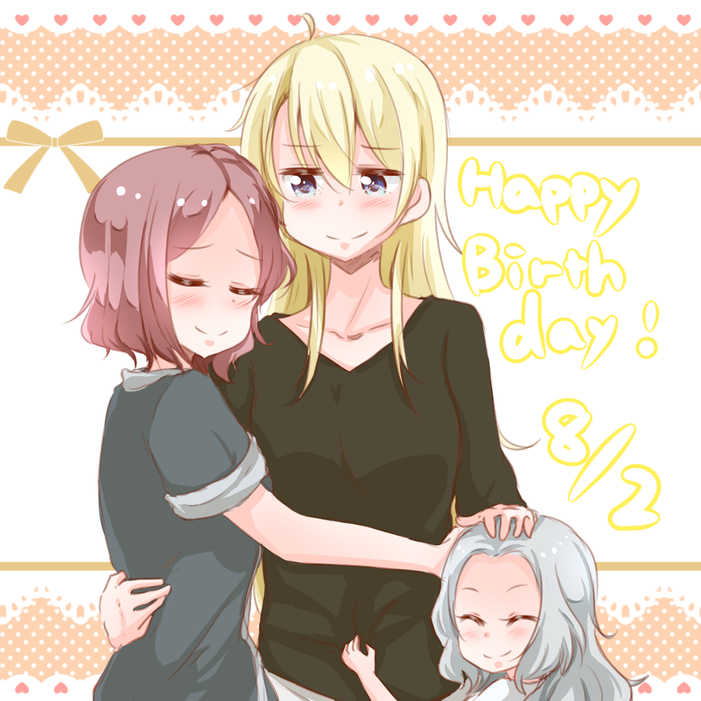 3girls arm_around_waist birthday black_shirt blonde_hair blue_eyes blush breasts child closed_eyes collarbone eyebrows_visible_through_hair hair_between_eyes hand_on_another's_head happy_birthday long_hair multiple_girls new_game! purple_hair shirt short_hair smile text_focus tooyama_rin yagami_kou yuri yuuki_(yunky373)