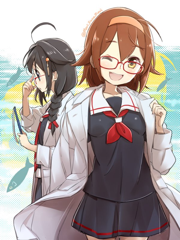 2girls ahoge black_hair black_serafuku black_skirt blue_eyes braid brown_hair commentary_request fish glasses hair_flaps hair_ornament hair_over_shoulder hair_ribbon hairband kantai_collection labcoat multiple_girls neckerchief orange_eyes orange_hairband pleated_skirt primary_stage red_glasses red_neckwear remodel_(kantai_collection) ribbon saury school_uniform serafuku shigure_(kantai_collection) shiratsuyu_(kantai_collection) short_hair single_braid skirt twitter_username