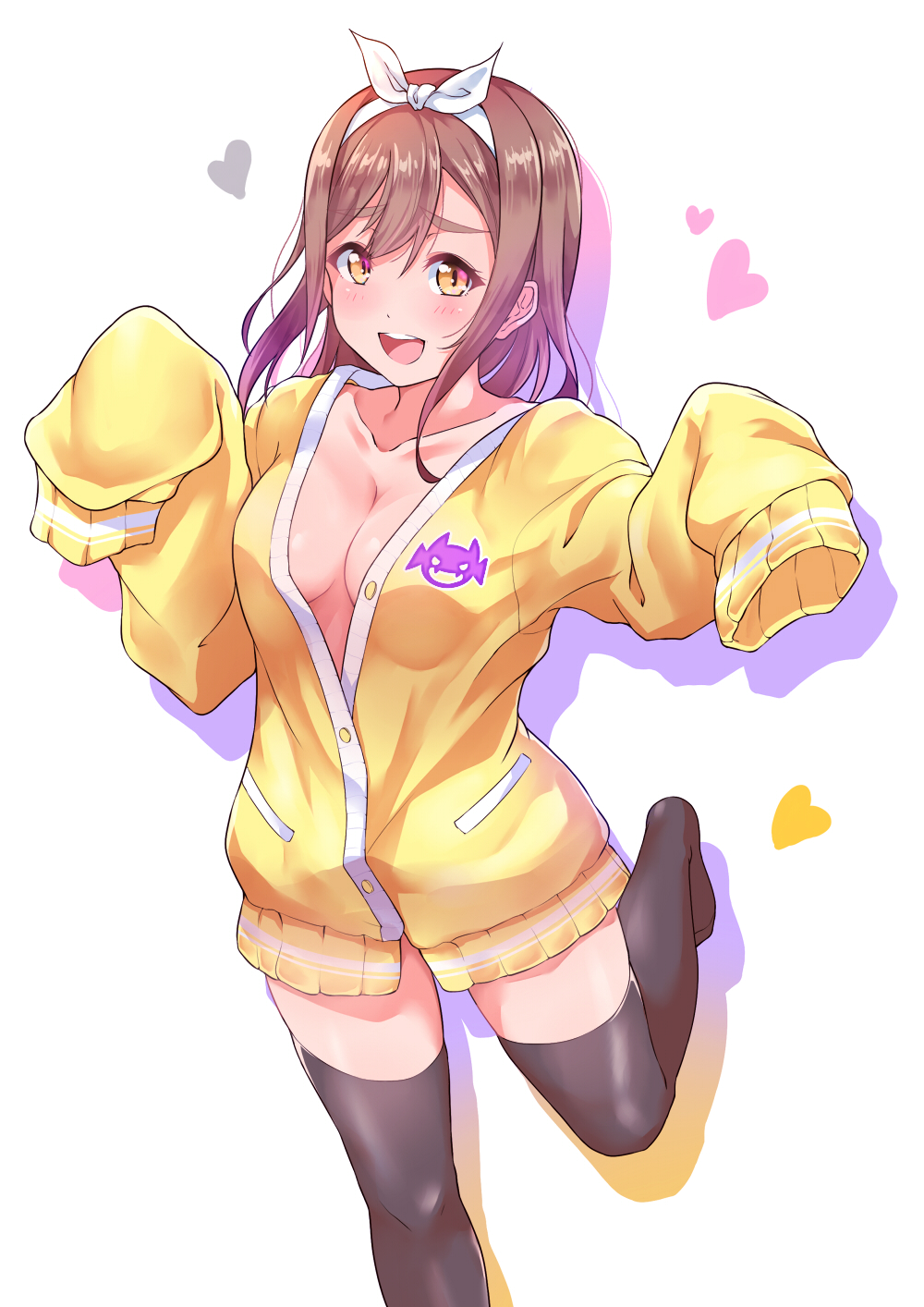 1girl :d bangs black_legwear breasts brown_hair cleavage collarbone drop_shadow hair_ribbon hands_up heart highres kanabun kunikida_hanamaru long_hair long_sleeves looking_at_viewer love_live! love_live!_sunshine!! medium_breasts no_bra no_shirt no_shoes open_mouth partially_unbuttoned ribbon round_teeth sleeves_past_fingers sleeves_past_wrists slit_pupils smile solo standing teeth thigh-highs upper_teeth white_background white_ribbon yellow_cardigan yellow_eyes