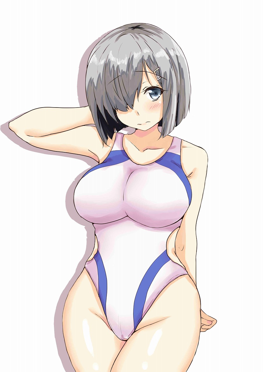 1girl blue_eyes breasts chan_(akuty_ikkot) competition_school_swimsuit hair_ornament hair_over_one_eye hairclip hamakaze_(kantai_collection) highres kantai_collection large_breasts looking_at_viewer shadow short_hair silver_hair simple_background solo standing swimsuit white_background white_hair white_swimsuit