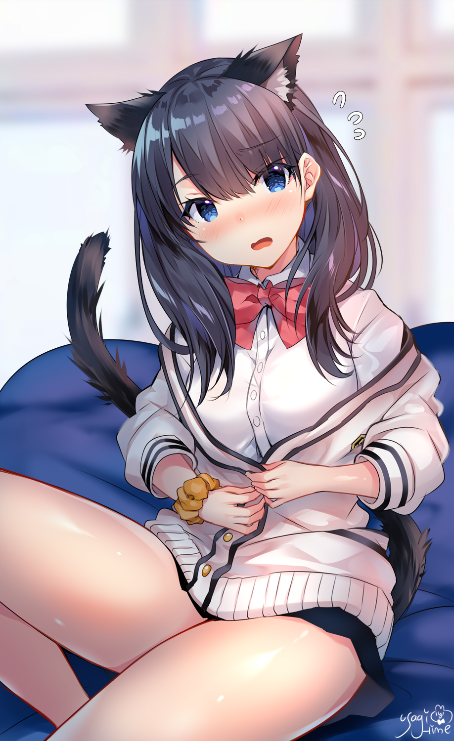 1girl animal_ears artist_name black_hair blue_eyes blurry blurry_background blush bow bowtie breasts cardigan cat_ears cat_tail eyebrows_visible_through_hair highres kemonomimi_mode legs looking_at_viewer medium_breasts open_mouth red_neckwear shirt short_hair sitting solo ssss.gridman tail takarada_rikka usagihime white_cardigan white_shirt