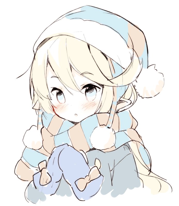 1girl :o bangs beanie blonde_hair blue_coat blue_eyes blue_hat blue_mittens blush character_request commentary_request eyebrows_visible_through_hair fur-trimmed_hat fur_trim granblue_fantasy hair_between_eyes hands_up hat head_tilt long_hair looking_at_viewer meito_(maze) mittens parted_lips pointy_ears scarf simple_background solo striped striped_scarf upper_body white_background