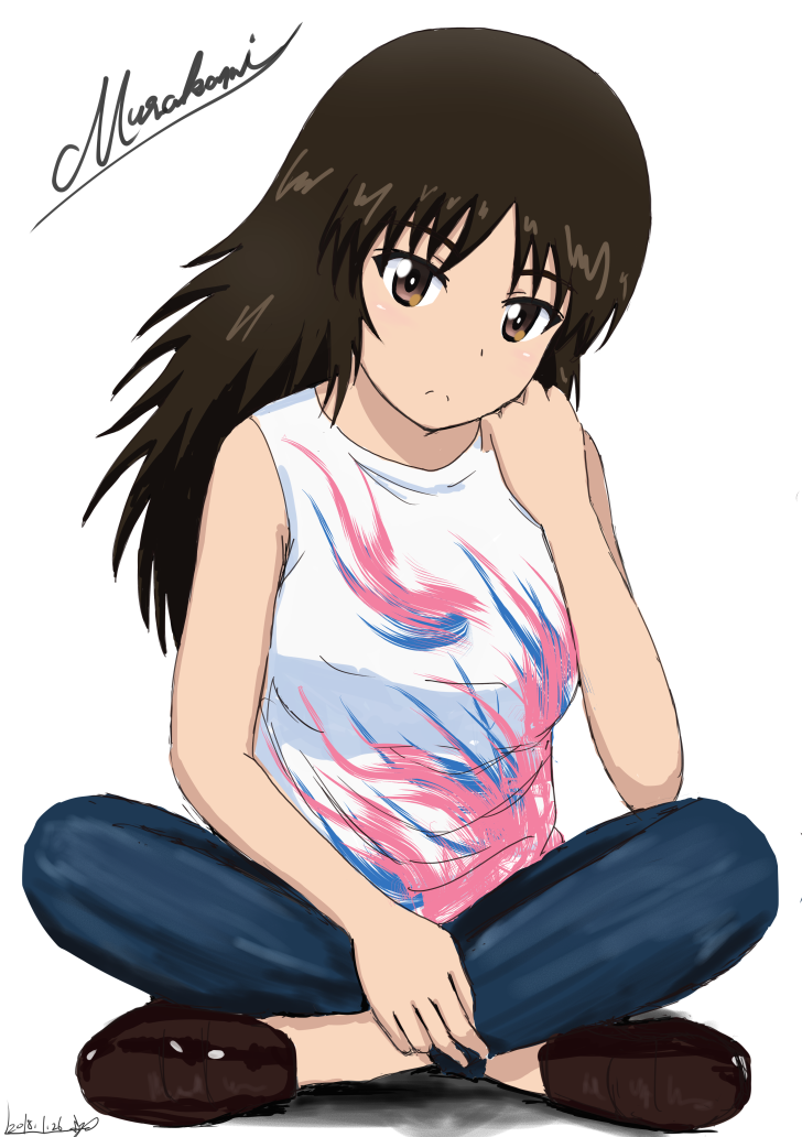 1girl artist_name bangs black_eyes black_footwear black_hair blue_pants bukkuri character_name chin_rest closed_mouth commentary_request cursive dated denim frown full_body girls_und_panzer hand_on_own_face hand_on_own_leg indian_style jeans long_hair looking_at_viewer multicolored_shirt murakami_(girls_und_panzer) pants shirt shoes signature simple_background sitting sleeveless sleeveless_shirt solo white_background white_shirt