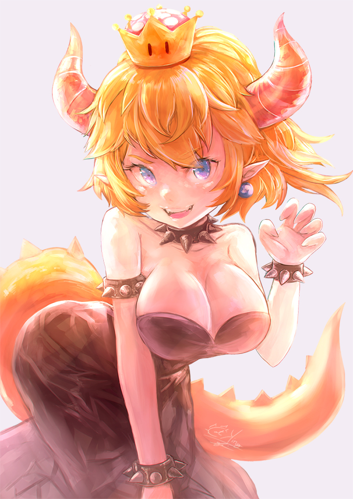 1girl armlet armpits bangs bare_shoulders black_collar black_dress blonde_hair blue_eyes bowsette bracelet breasts claw_pose cleavage collar collarbone crown dress earrings eyebrows_visible_through_hair fatherland2009 hand_up horns jewelry large_breasts leaning_forward legs long_hair looking_at_viewer super_mario_bros. new_super_mario_bros._u_deluxe nintendo open_mouth palms ponytail sidelocks signature simple_background skindentation solo spiked_armlet spiked_bracelet spiked_collar spiked_tail spikes standing strapless strapless_dress super_crown tail upper_teeth