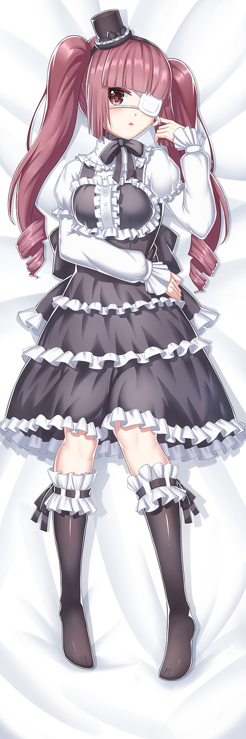 1girl bangs bed_sheet black_dress black_hat black_legwear blunt_bangs blush breasts dakimakura dress eyepatch frilled_legwear full_body hanazono_yurine hand_up hat highres jashin-chan_dropkick kneehighs leng_(lengsiren) long_hair long_sleeves looking_at_viewer lying medical_eyepatch medium_breasts mini_hat mini_top_hat no_shoes on_back panties puffy_short_sleeves puffy_sleeves red_eyes redhead ribbon-trimmed_legwear ribbon_trim shirt short_over_long_sleeves short_sleeves sidelocks sleeveless sleeveless_dress solo tilted_headwear top_hat twintails underwear white_shirt