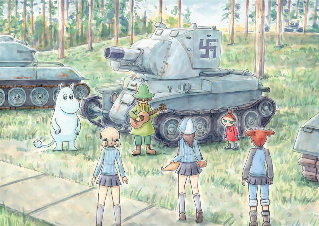 1boy 4girls aki_(girls_und_panzer) ankle_boots bangs blue_footwear blue_hat blue_jacket blue_pants blue_shirt blue_skirt blue_sky boots brown_hair carrying clouds cloudy_sky commentary_request day emblem forest girls_und_panzer grass grey_legwear grey_skirt guitar hair_tie hat holding holding_instrument instrument jacket kantele keizoku_military_uniform keizoku_school_uniform light_brown_hair little_my loafers long_hair long_sleeves looking_at_another mika_(girls_und_panzer) mikko_(girls_und_panzer) military military_uniform miniskirt moomintroll multiple_girls namesake nature omachi_(slabco) outdoors pants pants_rolled_up pants_under_skirt partial_commentary pleated_skirt raglan_sleeves redhead school_uniform shirt shoes short_hair short_twintails skirt sky snufkin socks standing striped striped_shirt swastika track_jacket track_pants tree twintails uniform vehicle_request vertical-striped_shirt vertical_stripes