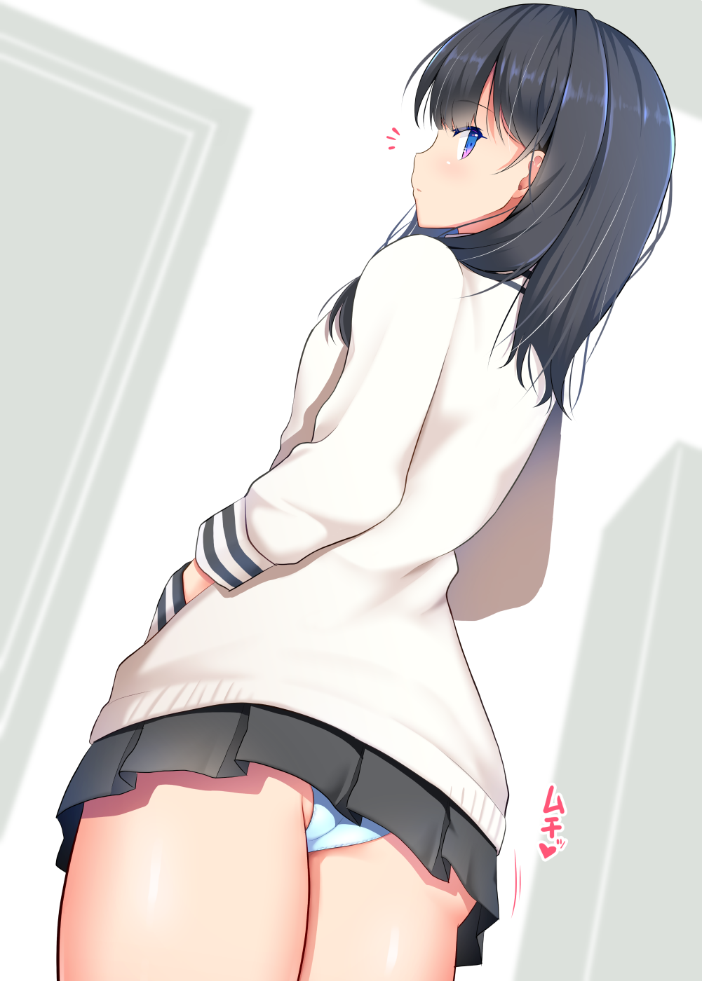 1girl black_hair blue_eyes blue_panties cardigan closed_mouth commentary_request eyebrows_visible_through_hair hands_in_pockets highres long_sleeves looking_at_viewer looking_back panties short_hair solo ssss.gridman standing takarada_rikka takeyuu thighs underwear white_cardigan