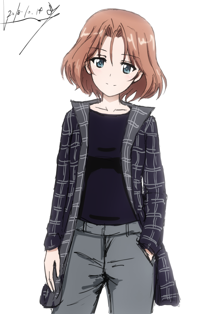 1girl artist_name azumi_(girls_und_panzer) bangs black_coat black_shirt blue_eyes brown_hair bukkuri casual closed_mouth commentary_request cowboy_shot dated eyebrows_visible_through_hair girls_und_panzer grey_pants hand_in_pocket head_tilt long_sleeves looking_at_viewer pants parted_bangs shirt short_hair signature simple_background smile solo standing white_background