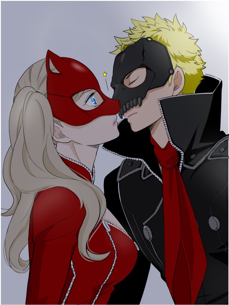 1boy 1girl ascot blonde_hair blue_eyes bodysuit catsuit closed_eyes hetero kiss long_hair mask noses_touching persona persona_5 red_bodysuit sakamoto_ryuuji skull_mask spiky_hair takamaki_anne twintails zipper