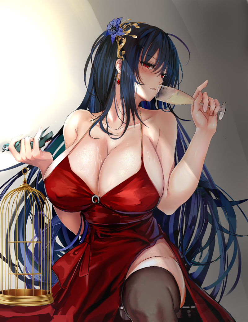 1girl ahoge alcohol azur_lane bangs bare_shoulders bird birdcage black_hair black_legwear blush breasts cage champagne champagne_flute cleavage cocktail_dress collarbone cup dress drinking_glass flower hair_flower hair_ornament hips huge_breasts long_hair looking_at_viewer misako12003 parted_lips red_dress red_eyes sitting solo taihou_(azur_lane) thigh-highs thighs very_long_hair