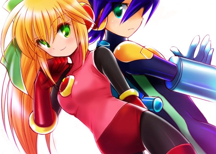 1boy 1girl back-to-back bangs blonde_hair blue_gloves blue_hair bodysuit breasts capcom dutch_angle elbow_gloves gloves green_eyes hair_between_eyes hair_ribbon hand_in_hair long_hair red_gloves ribbon rockman rockman_exe rockman_exe_(character) roll_exe simple_background smile white_background yurikagodenno