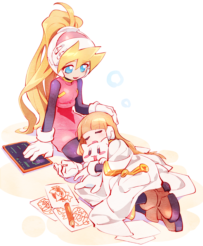 2girls alouette_(rockman_zero) android bangs blonde_hair blue_eyes blunt_bangs blush brown_footwear capcom cat child child_drawing ciel_(rockman) closed_eyes drawing full_body gloves hand_on_another's_head headgear helmet high_ponytail holding kon_(kin219) lap_pillow long_hair multiple_girls open_mouth pantyhose paper pencil pink_skirt ponytail robot_ears rockman rockman_zero simple_background skirt sleeping smile very_long_hair white_background white_gloves