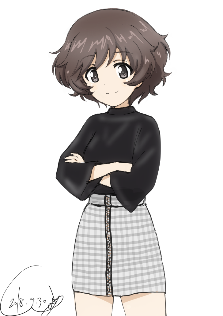 1girl akiyama_yukari artist_name bangs black_shirt brown_eyes brown_hair bukkuri casual closed_mouth commentary cowboy_shot crossed_arms dated eyebrows_visible_through_hair full-length_zipper girls_und_panzer grey_skirt high-waist_skirt long_sleeves looking_at_viewer messy_hair miniskirt plaid plaid_skirt shirt short_hair signature simple_background skirt smile solo standing white_background wide_sleeves zipper