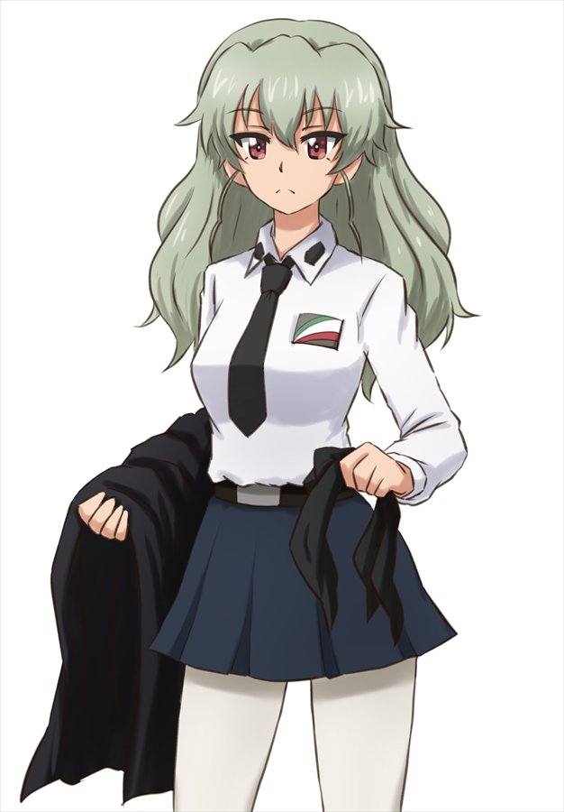 1girl alternate_hairstyle anchovy anzio_school_uniform bangs belt black_belt black_cape black_neckwear black_ribbon black_skirt cape cape_removed closed_mouth commentary cowboy_shot dress_shirt drill_hair emblem eyebrows_visible_through_hair frown girls_und_panzer green_hair hair_down hair_ribbon holding holding_cape holding_ribbon long_hair long_sleeves looking_at_viewer miniskirt necktie omachi_(slabco) pantyhose pleated_skirt red_eyes ribbon school_uniform shirt simple_background skirt solo standing twin_drills twintails white_background white_legwear white_shirt wing_collar