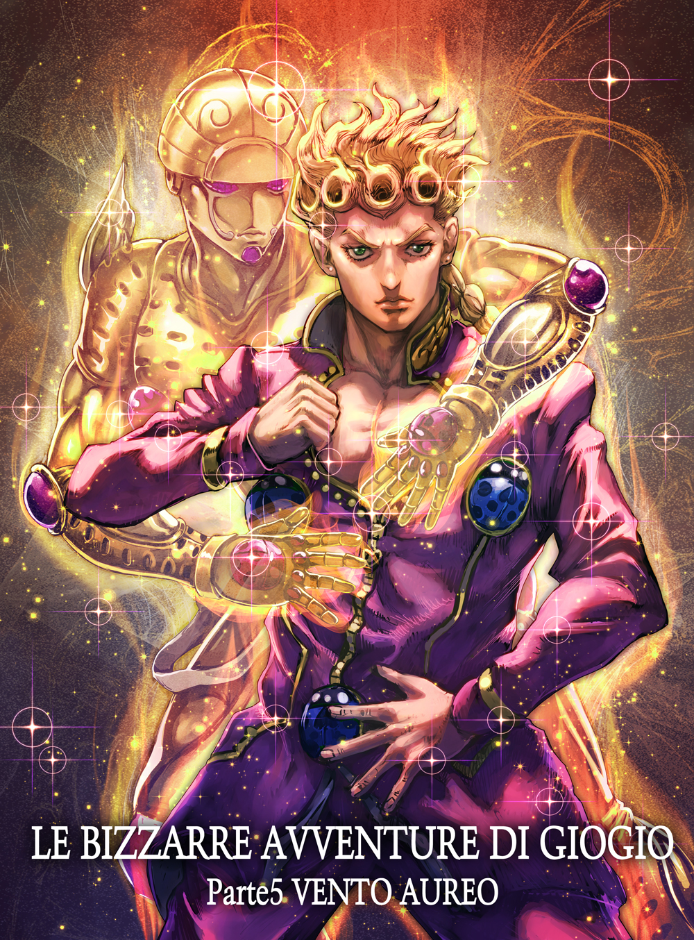 1boy arms_around_back blonde_hair boyaking braid braided_ponytail bug chest collarbone copyright_name giorno_giovanna glowing gold_experience green_eyes highres insect italian jojo_no_kimyou_na_bouken jojo_pose ladybug legs_apart looking_at_viewer open_hand pectorals pose serious shirt_pull solo sparkle stand_(jojo) standing v-shaped_eyebrows vento_aureo violet_eyes zipper