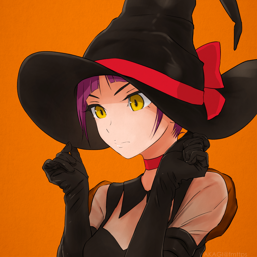 1girl akagi_(fmttps) black_gloves bow choker elbow_gloves face gegege_no_kitarou gloves halloween hat hat_bow nekomusume nekomusume_(gegege_no_kitarou_6) orange_background purple_hair red_bow red_choker see-through short_hair solo tug upper_body witch witch_hat yellow_eyes