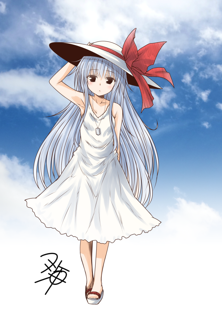 1girl alternate_costume black_eyes blue_sky clouds cloudy_sky collarbone dress eyebrows_visible_through_hair hair_between_eyes hat hat_ribbon hibiki_(kantai_collection) jewelry kantai_collection long_hair necklace red_ribbon ribbon signature silver_hair sky sleeveless sleeveless_dress solo white_dress white_footwear white_hat yua_(checkmate)