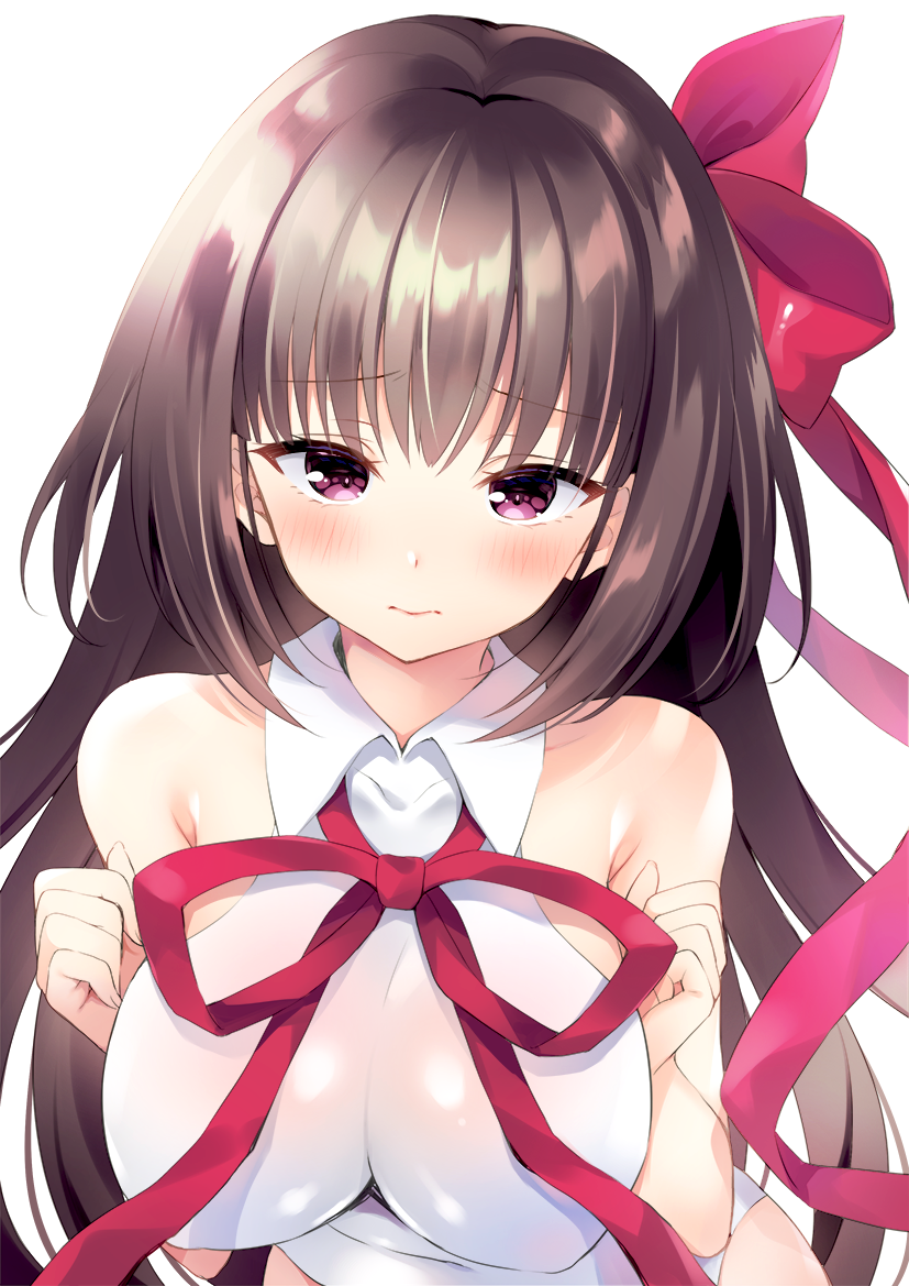 1girl bare_shoulders blush breasts brown_hair closed_mouth embarrassed eyebrows_visible_through_hair fate/grand_order fate_(series) hair_ribbon large_breasts long_hair looking_at_viewer no_eyewear osakabe-hime_(fate/grand_order) pink_eyes red_ribbon ribbon simple_background sleeveless solo tougetsu_hajime upper_body white_background
