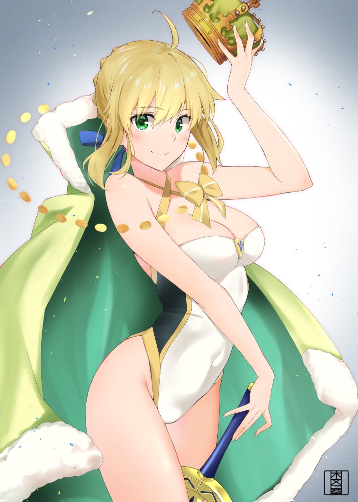 1girl ahoge artist_logo artoria_pendragon_(all) artoria_pendragon_(swimsuit_archer) blonde_hair breasts cape casual_one-piece_swimsuit commentary_request cowboy_shot crown fate/grand_order fate/stay_night fate_(series) fur-trimmed_cape fur_trim gradient gradient_background green_eyes grey_background looking_at_viewer medium_breasts murio one-piece_swimsuit saber solo strapless strapless_swimsuit swimsuit sword weapon white_swimsuit