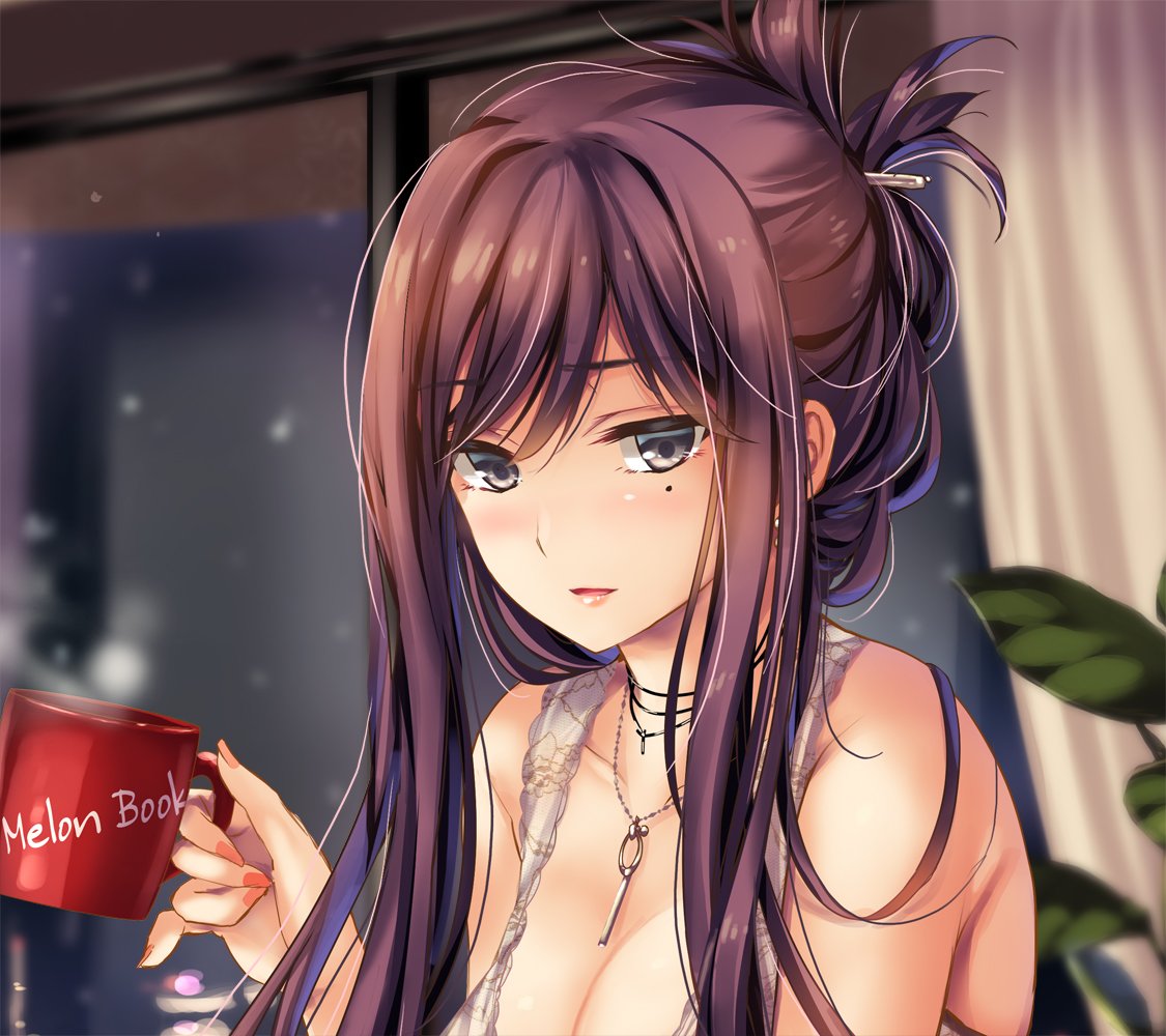 1girl bangs bare_shoulders blurry blurry_background blush breasts brown_hair character_request cleavage collarbone commentary_request copyright_request cup curtains earrings eyebrows_visible_through_hair grey_eyes hair_between_eyes hand_up holding holding_cup jewelry large_breasts looking_at_viewer mole mole_under_eye moneti_(daifuku) mug nail_polish necklace parted_lips pink_nails plant short_hair_with_long_locks sidelocks smile solo steam upper_body
