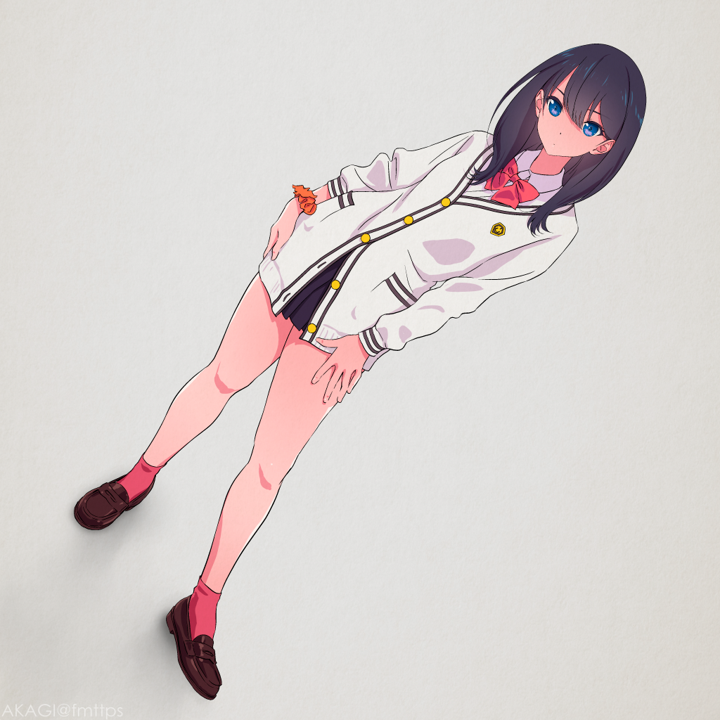 1girl akagi_(fmttps) bangs black_hair black_skirt blue_eyes bow brown_footwear cardigan collared_shirt contrapposto dutch_angle expressionless full_body grey_background hand_on_hip hand_on_own_thigh loafers long_hair long_sleeves looking_at_viewer miniskirt orange_scrunchie pleated_skirt red_bow red_legwear school_uniform scrunchie shirt shoes skirt solo ssss.gridman standing takarada_rikka white_cardigan white_shirt wrist_scrunchie