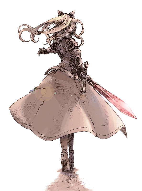 1girl blonde_hair bow dress from_behind gauntlets granblue_fantasy hair_bow high_heels michibata_65 ponytail red_sword shadow sword vira_lilie weapon