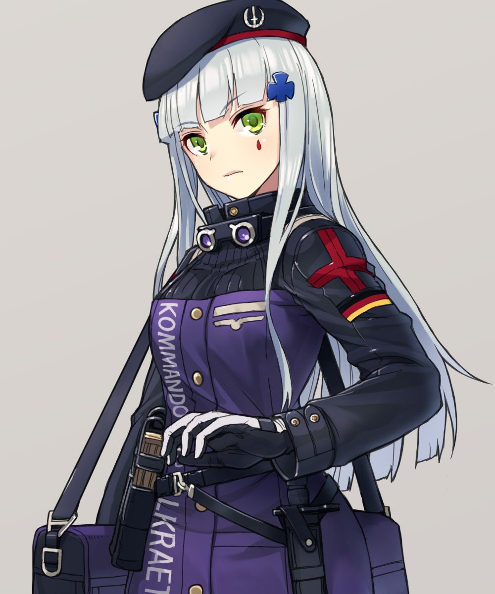 1girl ammunition_pouch bag bangs beret blunt_bangs commentary_request facial_mark german_flag girls_frontline gloves green_eyes grey_background hair_ornament hat highres hk416_(girls_frontline) itou_(onsoku_tassha) jacket knife knife_holster long_hair magazine_(weapon) pouch shoulder_bag silver_hair solo teardrop