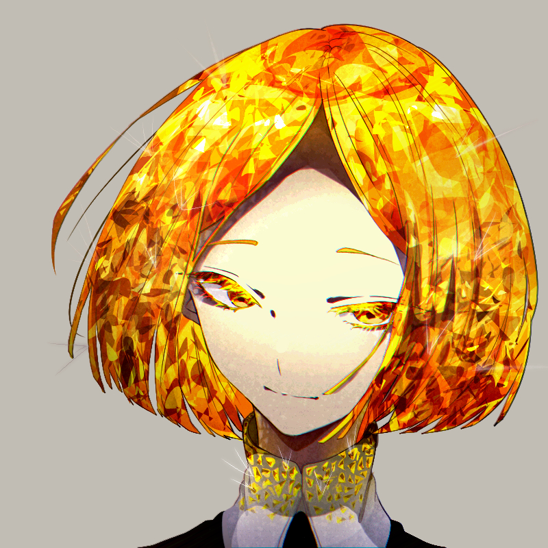 1other androgynous blonde_hair colored_eyelashes crystal_hair face grey_background houseki_no_kuni kanmiya_(amamia06-16) looking_at_viewer short_hair smile solo yellow_diamond_(houseki_no_kuni) yellow_eyes