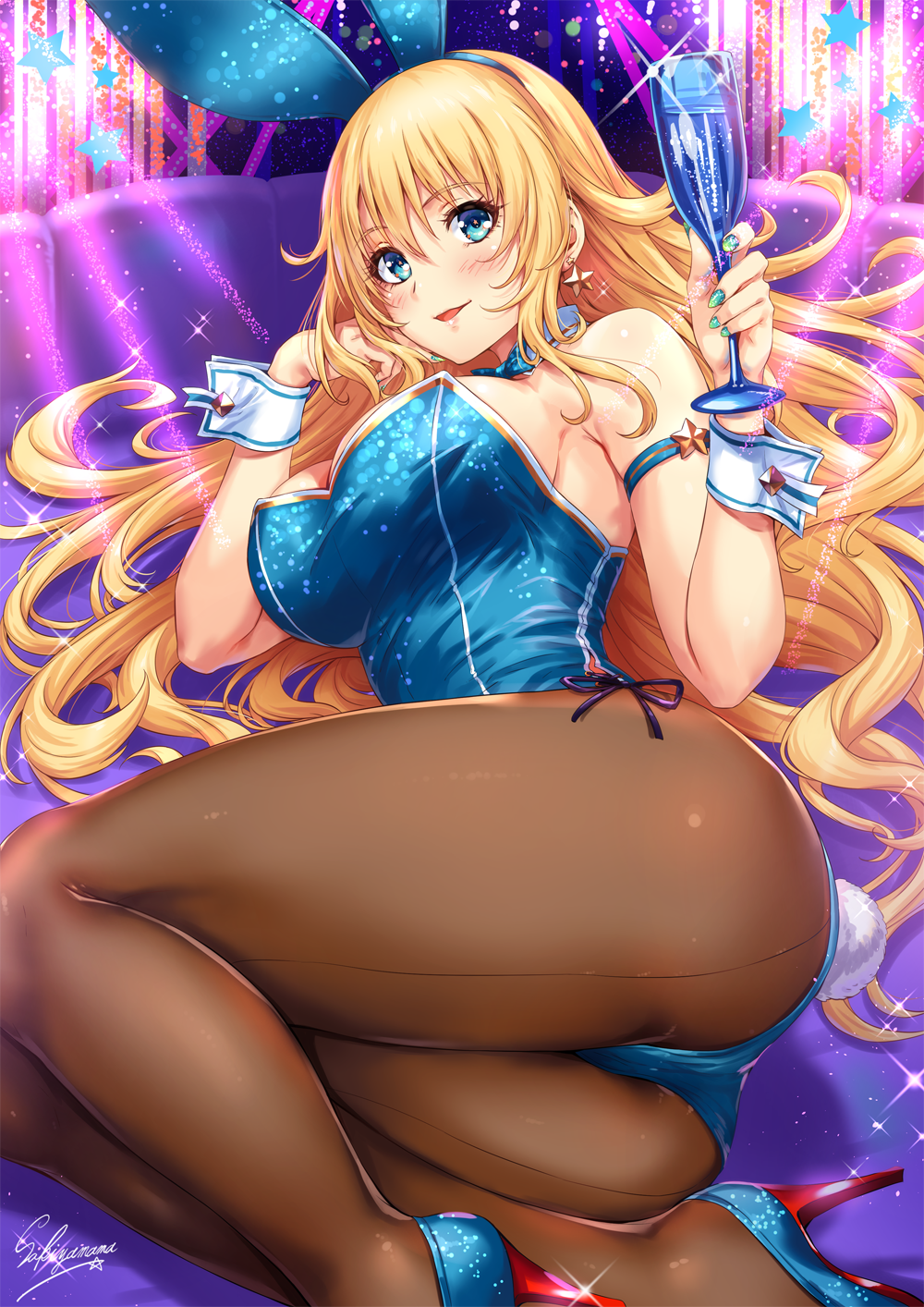 1girl adapted_costume animal_ears artist_name ass atago_(kantai_collection) blonde_hair blue_eyes blue_footwear blue_leotard blush breasts bunny_tail bunnysuit couch cup detached_collar drinking_glass earrings fake_animal_ears fake_tail fishnets hand_on_own_cheek high_heels highres indoors jewelry kantai_collection large_breasts leotard long_hair looking_at_viewer lying on_side pantyhose parted_lips purple_background sakiyamama sideboob smile solo sparkle star star_earrings tail toast_(gesture) wine_glass wrist_cuffs