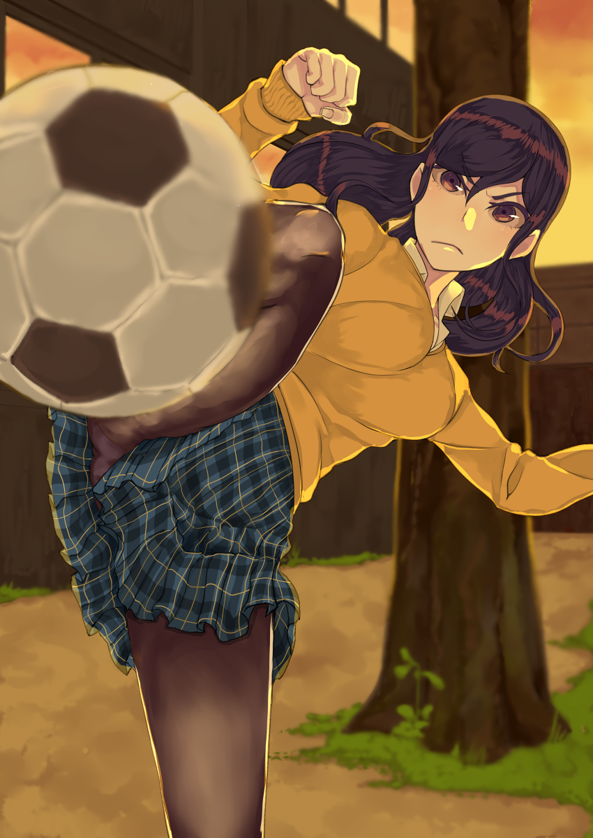 &gt;:( 1girl ball black_hair breasts brown_eyes closed_mouth commentary_request futayama0905 highres large_breasts long_hair original outdoors pantyhose plaid plaid_skirt skirt soccer soccer_ball solo sweater tree