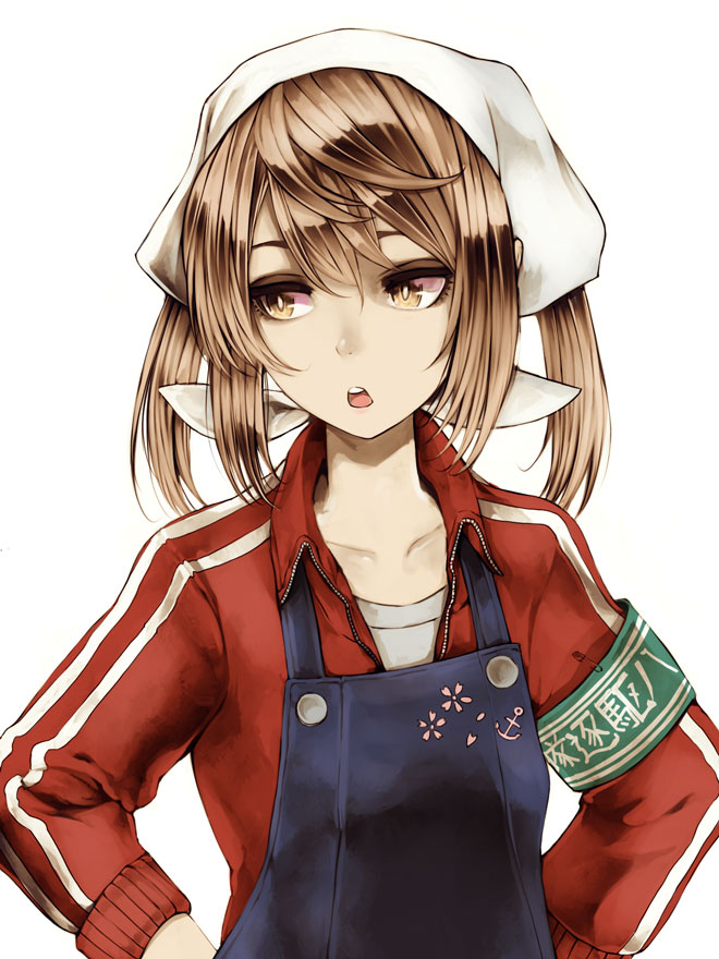 1girl alternate_costume alternate_hairstyle anchor_symbol bandanna black_apron brown_eyes collarbone hands_on_hips jacket kantai_collection kurou_(bcrow) light_brown_hair looking_to_the_side michishio_(kantai_collection) red_jacket short_hair simple_background solo track_jacket upper_body white_background