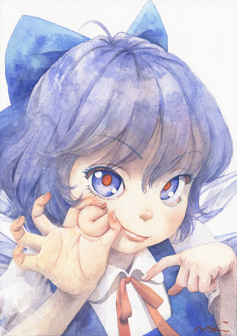1girl ass bangs blue_bow blue_eyes blue_hair bow cheek_pinching cirno closed_mouth collared_shirt commentary_request eyebrows_visible_through_hair eyelashes fingernails graphite_(medium) hair_bow ice ice_wings lips looking_at_viewer mechanical_pencil misawa_hiroshi neck_ribbon pencil pinching pointing puffy_short_sleeves puffy_sleeves red_pupils red_ribbon ribbon shirt short_hair short_sleeves signature simple_background smile solo touhou traditional_media upper_body watercolor_(medium) white_background white_shirt wings