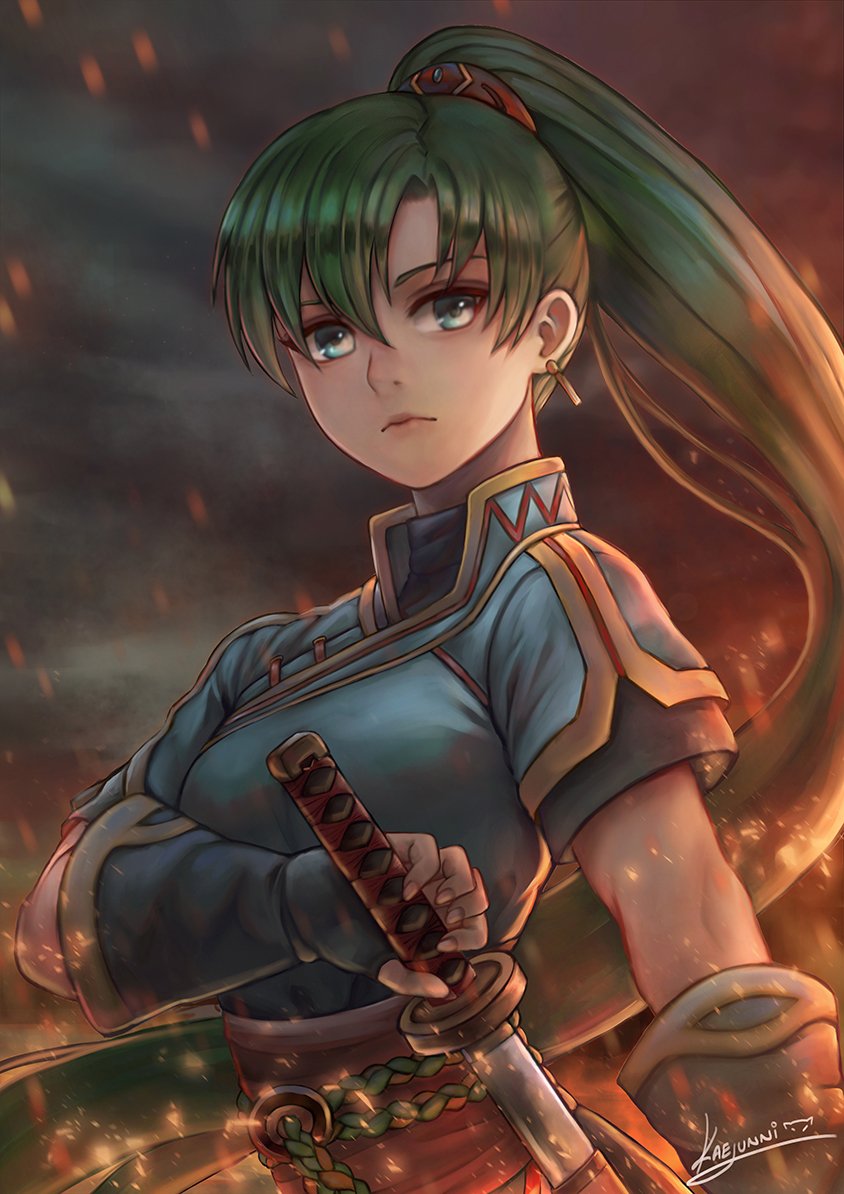 1girl aqua_eyes artist_name asymmetrical_bangs bangs blue_clothes blue_dress blue_gloves breasts closed_mouth dress earrings embers expressionless female fingerless_gloves fire_emblem fire_emblem:_rekka_no_ken fire_emblem_heroes gloves green_hair hair_between_eyes high_ponytail highres jewelry kaejunni lips long_hair looking_at_viewer lyndis_(fire_emblem) mamkute medium_breasts neck nintendo ormille ponytail serious short_sleeves side_slit solo sword very_long_hair weapon