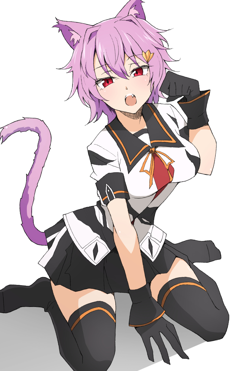 1girl animal_ears black_gloves black_legwear black_sailor_collar breasts cat_ears cat_tail fang gloves highres kantai_collection looking_at_viewer medium_breasts neckerchief nel-c open_mouth paw_pose purple_hair red_eyes remodel_(kantai_collection) sailor_collar short_hair simple_background sitting solo tail tama_(kantai_collection) thigh-highs white_background